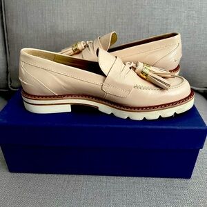 Stuart Weitzman Manila Bone Polish Calf Leather Fringe & Tassle Loafers